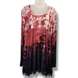 LOGO Lori Goldstein Tunic Top L Lace Trim Whimsy Artsy Stretch Lagenlook Boho